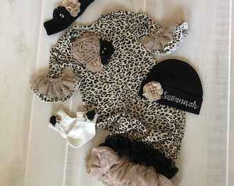 Leopard Newborn Gown: Lace Trim, Personalized Baby Outfit