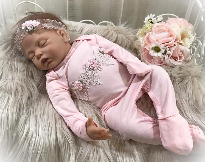 Newborn Girl Footed Romper: Pink Venice Lace, Rosettes