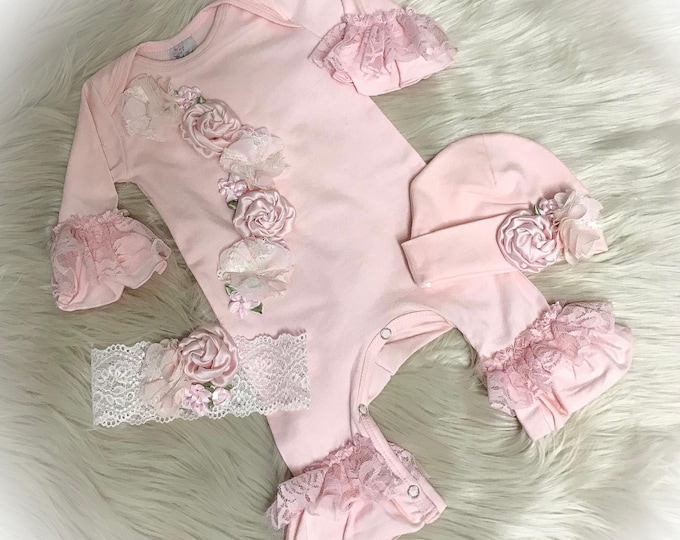 Pink Lace Ruffle Newborn Romper, Coming Home Outfit