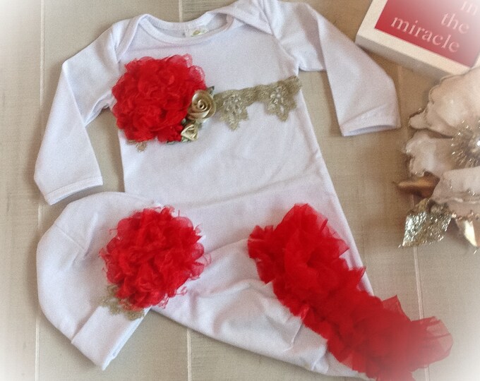 Baby Girl Christmas Outfit, Newborn Girl Gown, Red and Gold Baby Outfit, Baby Shower Gift