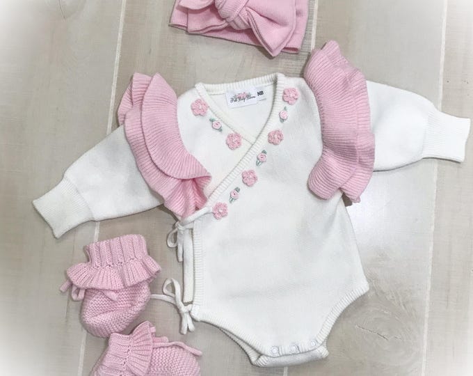 Newborn Baby Gift, Knit Sweater Romper, Baby Kimono Romper with Pink Ruffles