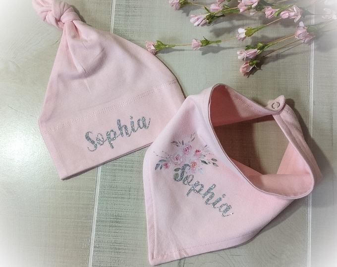 Newborn Girl Personalized Hat Bib Set, Baby Hospital Hat, Baby Shower Gift