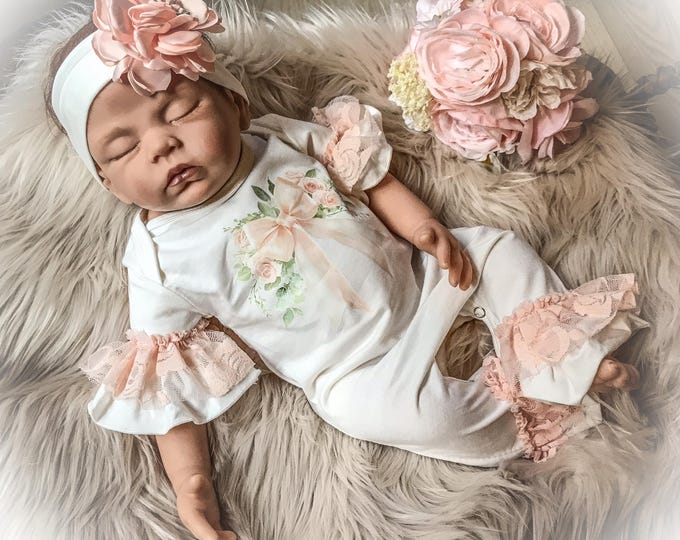 Newborn Personalized Girl Coming Home Gift, Baby Girl Peach Lace Bow Romper