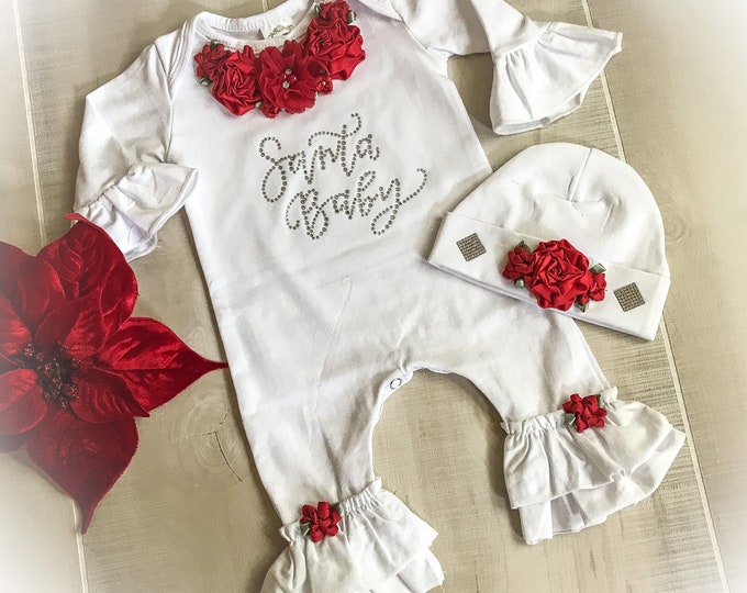 Santa Baby Newborn Ruffle Romper, Baby’s First Christmas Oufit