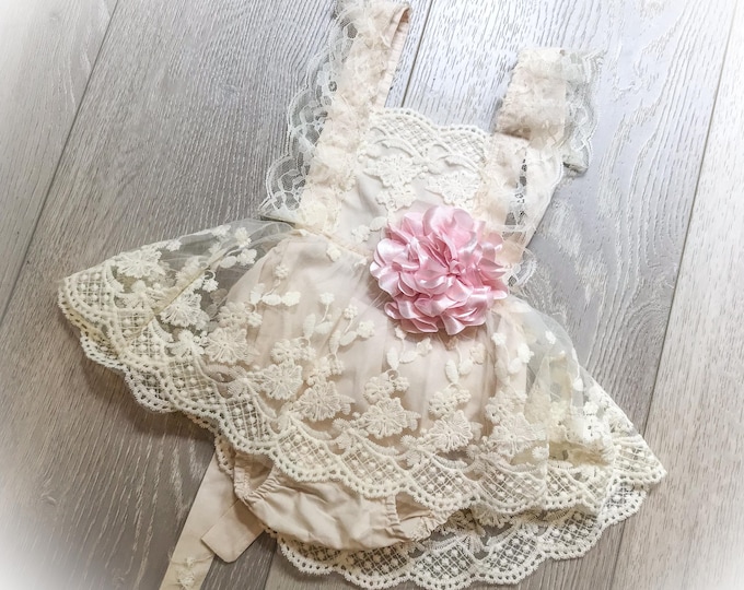 Baby Girl Lace Sunsuit, Baby Beach Photo Outfit, Baby Lace Pinafore Romper
