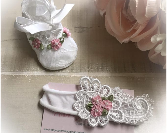 Newborn Booties Headband Set,Lace Crib Shoes, New Baby Coming Home Gift