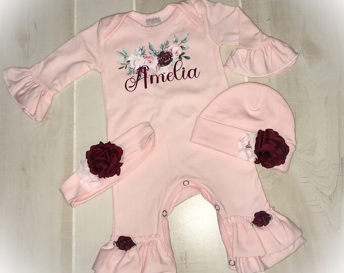 Newborn Girl Personalized Coming Home Outfit, Newborn Ruffle Romper, Baby Girl Take Home Romper