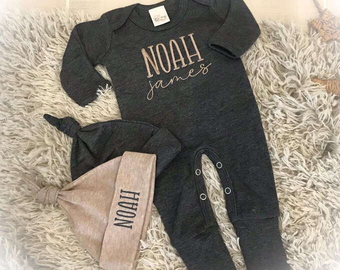 Personalized Boy Coming Home Outfit, Monogram Baby Romper, Customized Boy Shower Gift