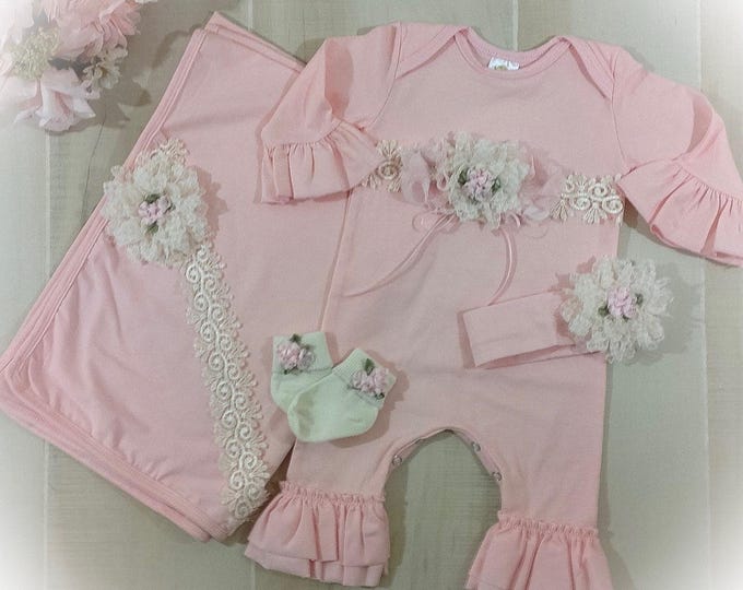 Pale Pink Ruffle Romper, Venice Lace, Newborn Girl Outfit