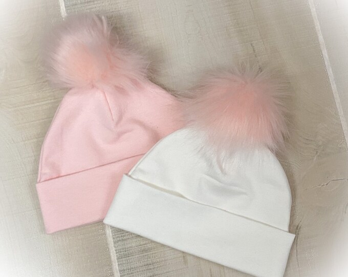 Newborn Girl Hat, Fur Puff Baby Hat