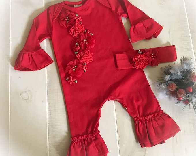 Baby Girl First Christmas Outfit, Red Ruffle Romper, Newborn Holiday Photo Outfit