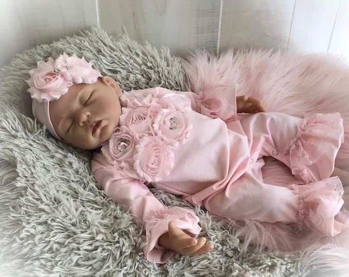 Newborn Pink Lace Ruffle Romper, Baby Girl Coming Home Outfit