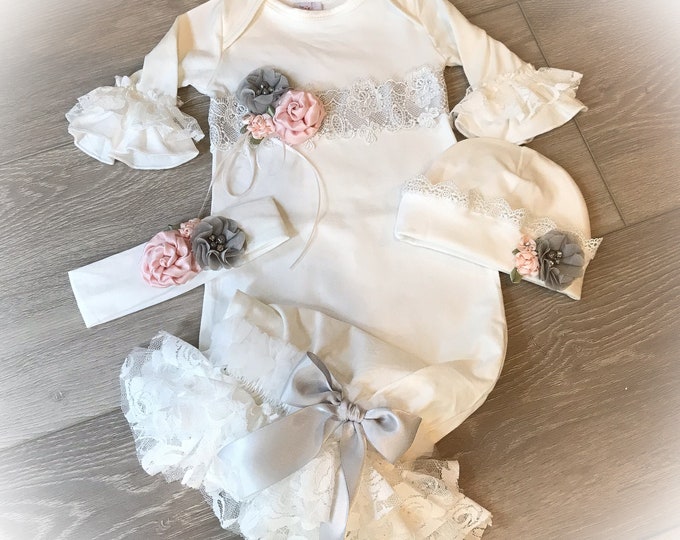 Newborn Girl Take Home Outfit, Lace Baby Gown, Gray and Blush Coming Home Gown