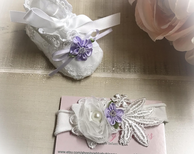 Newborn Booties Headband Set,Lace Crib Shoes, New Baby Coming Home Gift