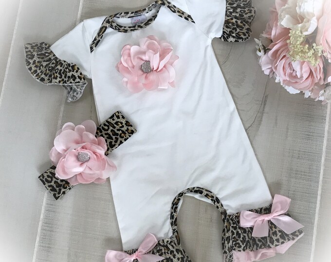 Baby Girl Coming Home Outfit, Leopard Ruffle Romper, Newborn Take Home Outfit
