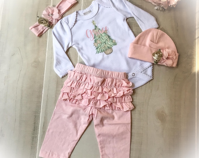 Baby Girl Personalized Christmas Outfit, Pink Holiday Bodysuit Ruffle Pant Set