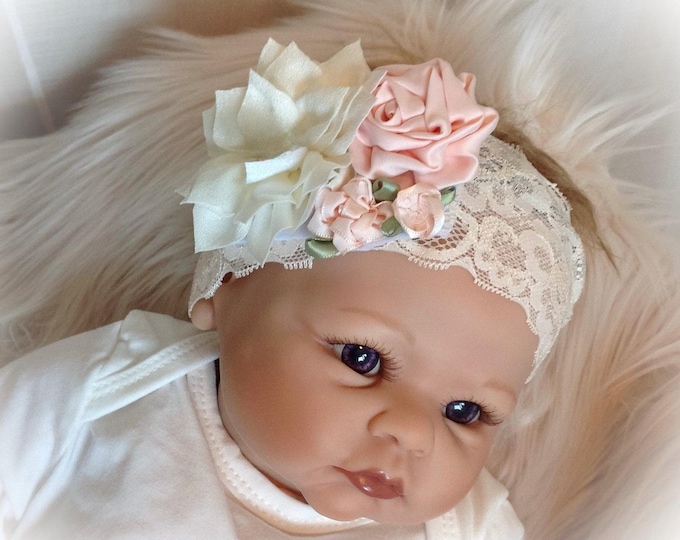 Victorian Baby Girl Headband: Lace, Peach Flowers