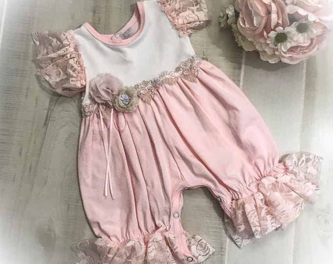 Newborn Pink Lace Ruffle Romper, Victorian Baby Photo Outfit, Cotton Blend