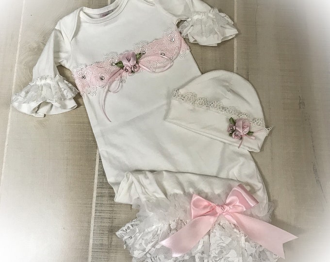 Newborn Girl Take Home Outfit, Lavender Lace Baby Gown, Unique Baby Coming Home Gown