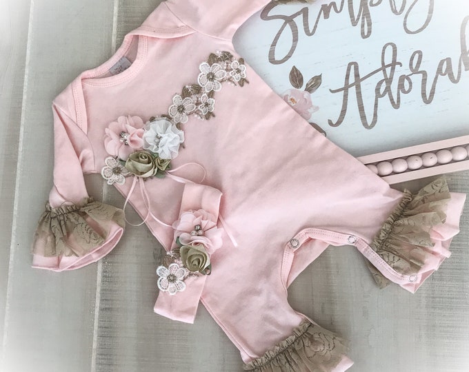 Baby Girl Ruffle Romper, Pink and Gold Baby Outfit, Newborn Shower Gift