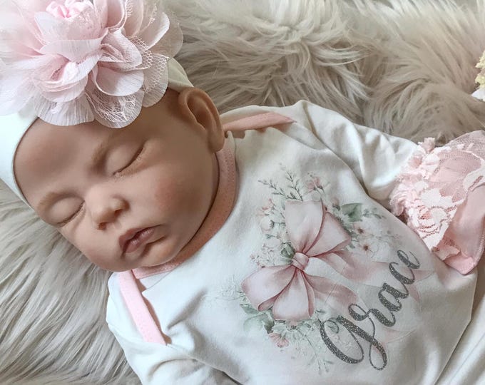 Newborn Personalized Girl Coming Home Gift, Baby Girl Pink Lace Bow Romper