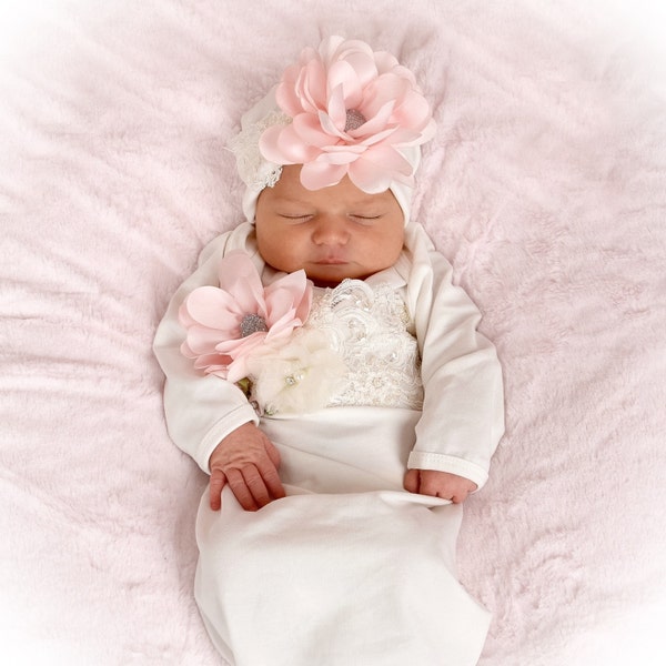 Newborn Girl Take Home Outfit, Ivory Layette Gown Cap with Blush Flowers, Newborn Gown