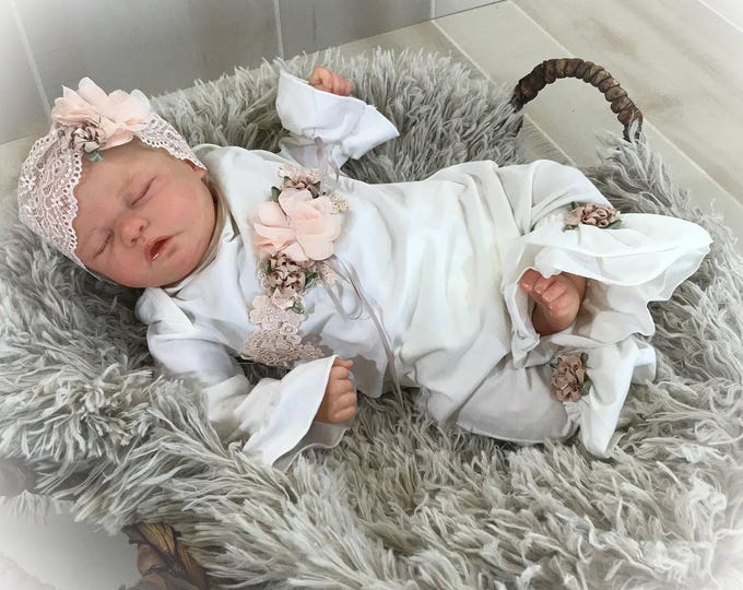 Newborn Girl Ruffle Romper: Ivory Take Home Outfit with Peach Flowers