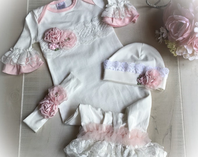 Ivory and Pink Lace Newborn Coming Home Gown