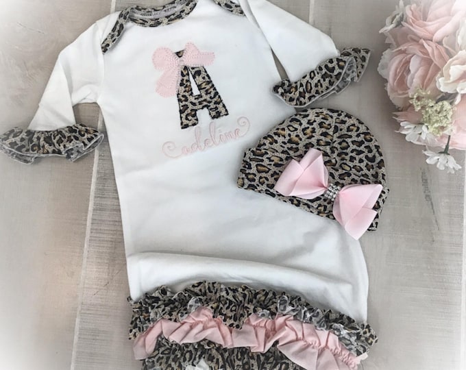 Personalized Newborn Girl Coming Home Gown, Monogrammed Baby Outfit with Leopard Print, Pink Leopard Baby Outfit