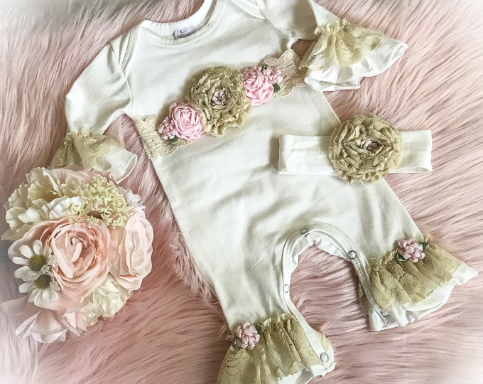 Baby Girl Coming Home Outfit, Newborn Lace Ruffle Romper, Baby Girl Take Home Romper