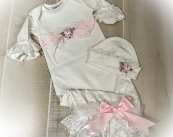 Lace Newborn Gown, Baby Take Home Outfit, Optional Hat