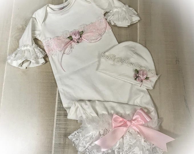Lace Newborn Gown, Baby Take Home Outfit, Optional Hat