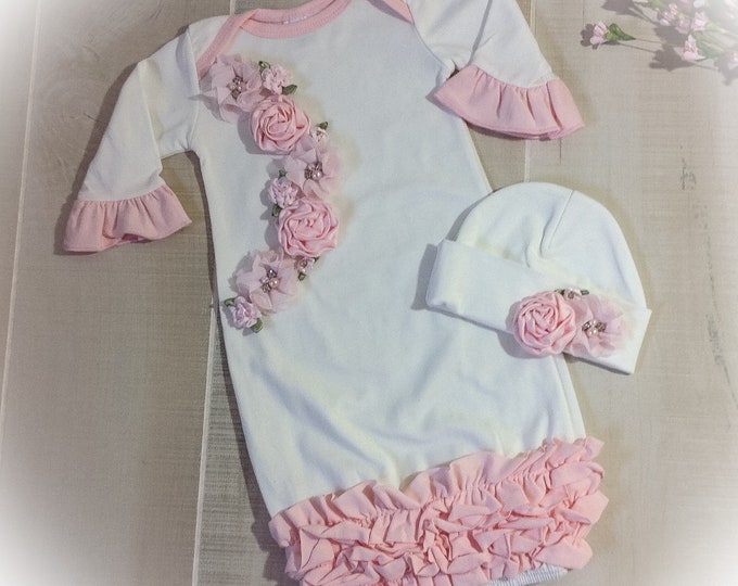 Newborn Girl Coming Home Outfit, Pink Ruffle Baby Gown, Babys First Photo Outfit