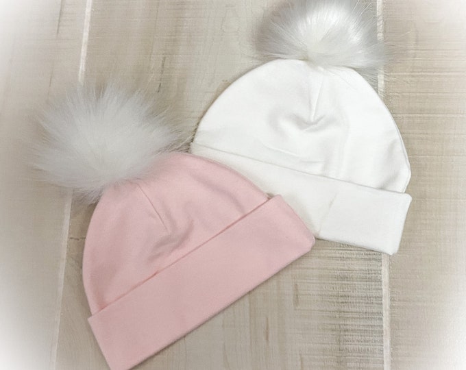Newborn Hat with Fur Puff, Baby Girl PomPom Hat,