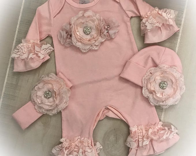 Newborn Girl Coming Home Outfit,Pink Lace Ruffle Romper, Baby Girl Shower Gift