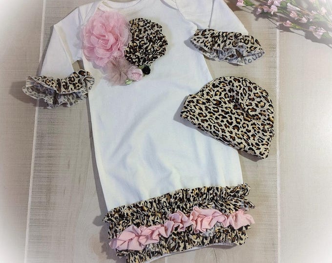 Newborn Girl Leopard Gown and Hat, Pink Ruffle Take Home Outfit