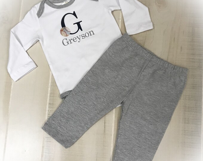 Baby Boy Personalized Baseball Bodysuit and Pant Set