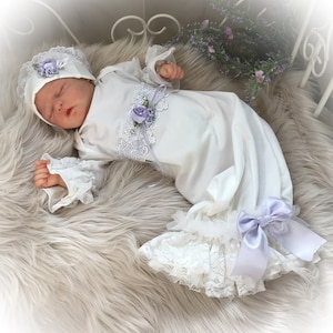 Newborn Girl Take Home Outfit, Lavender Lace Baby Gown, Unique Baby Coming Home Gown