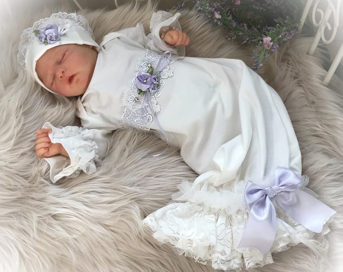 Newborn Girl Take Home Outfit, Lavender Lace Baby Gown, Unique Baby Coming Home Gown