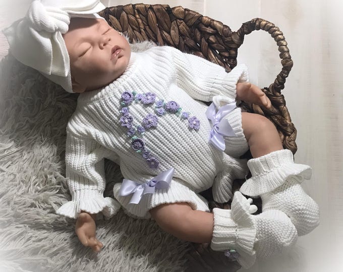 Newborn Personalized Gift, Custom Lavender Knit Sweater Romper, Coming Home Outfit, Baby Girl  Ruffle Hospital Outfit, Baby Shower Gift