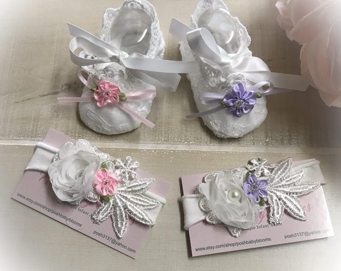 Newborn Booties Headband Set,Lace Crib Shoes, New Baby Coming Home Gift