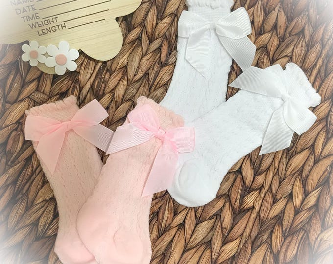 Baby High Sock, Pink White Baby Socks with Bow