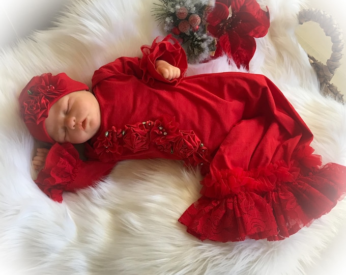 Newborn Girl Red Christmas Gown, Baby’s First Christmas Outfit