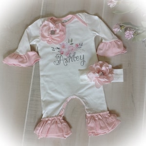 Personalized Newborn Girl Romper: Ruffle Sleeves, Floral Bouquet, Silver Glitter Name