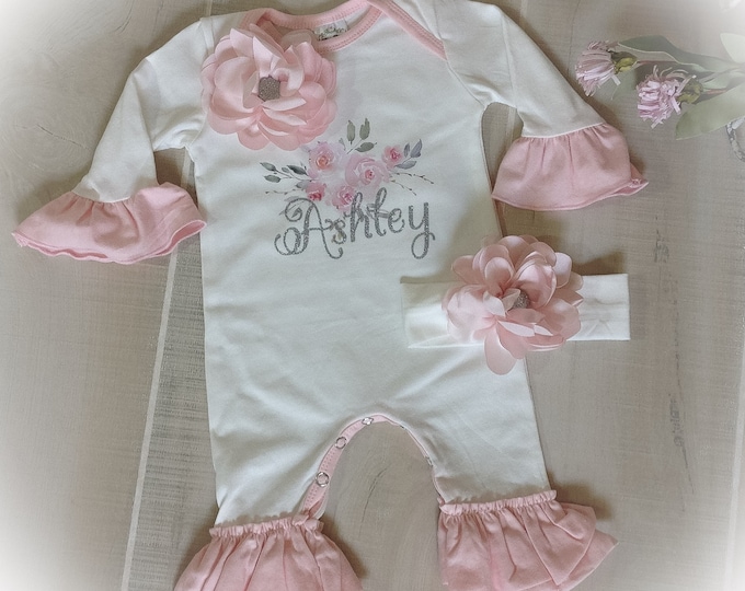 Newborn Girl Coming Home Outfit, Baby Girl Ruffle Romper, Monogrammed Baby Outfit
