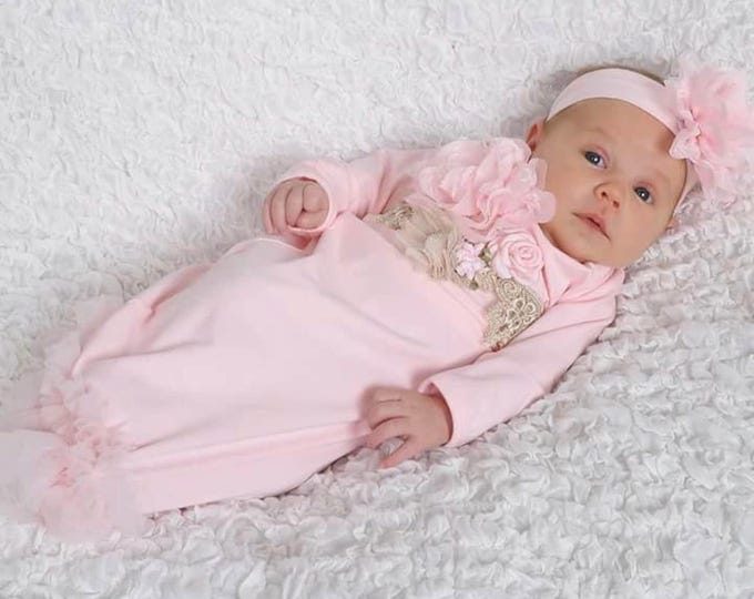 Newborn Girl Coming Home Gown: Pink Cotton, Venice Lace