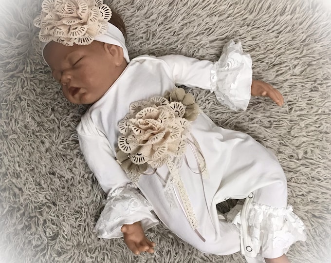 Newborn Lace Ruffle Romper, Beige Baby Girl Coming Home Outfit