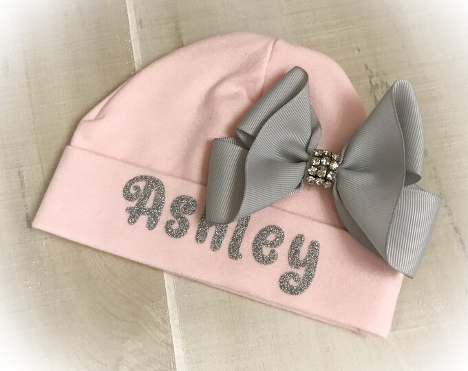 Newborn Girl Personalized Hat, Baby Bow Hat, Baby Shower Gift, Take Home Baby Hat