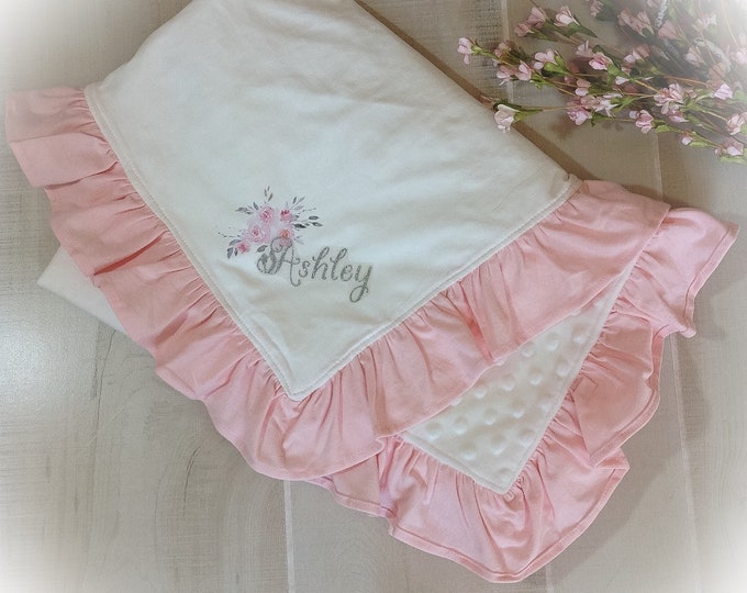 Baby Recieving Blanket, Ivory and Pink Ruffle Blanket, Minky Baby Blanket, Baby Girl Gift