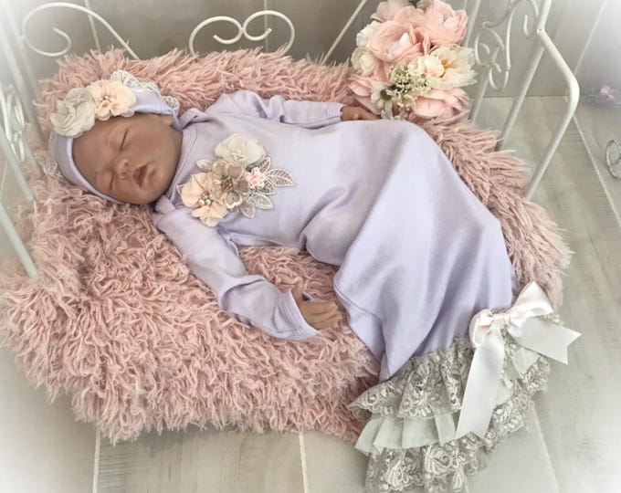 Newborn Girl Take Home Outfit, Lavender Lace Baby Gown, Unique Baby Coming Home Gown